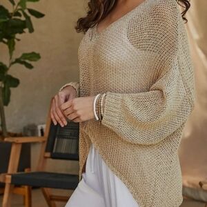 Casual V-Neck Open-Knit Sweater - Beige